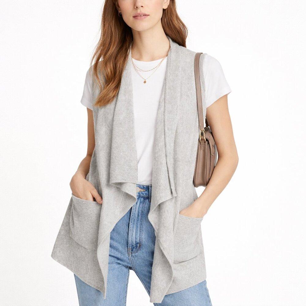 Vince Cashmere Blend Gray Open Front Vest Quiet Luxury Draped Pockets Size L